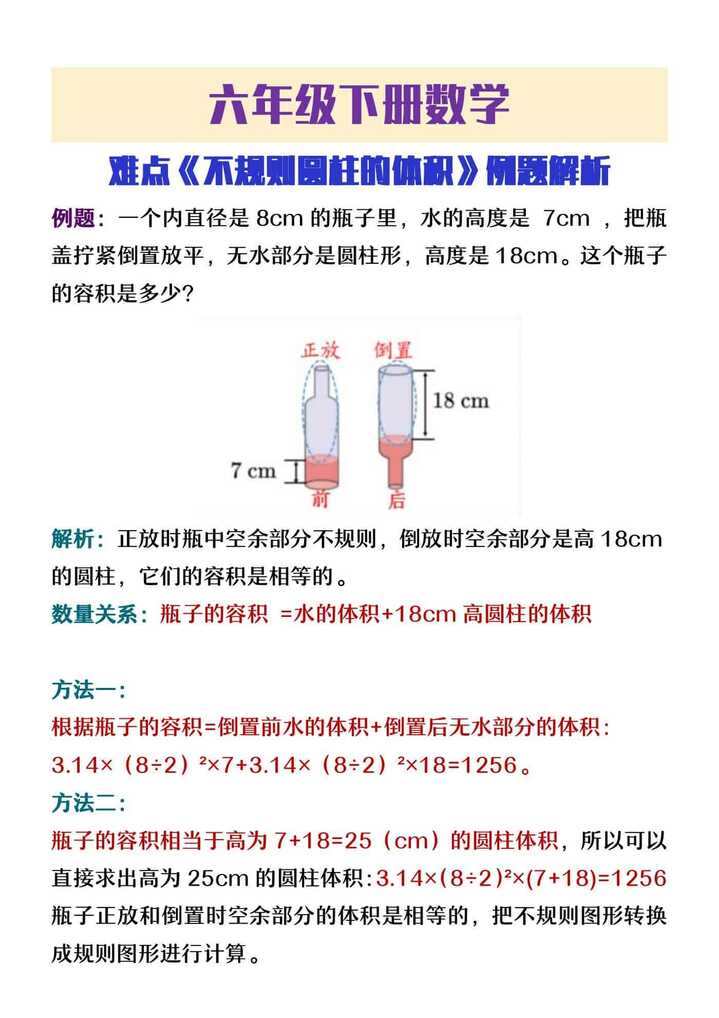 六年级下册数学难点《不规则圆柱的体积》例题解析