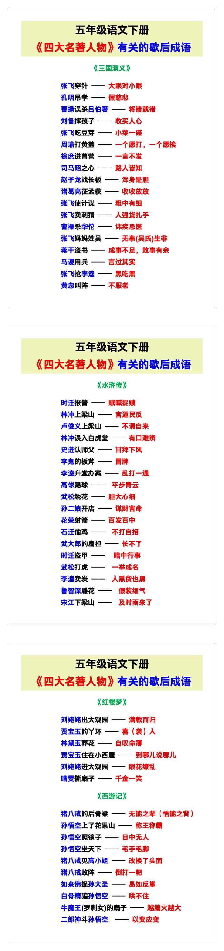 五年级语文下册《四大名著人物有关的歇后成语》！