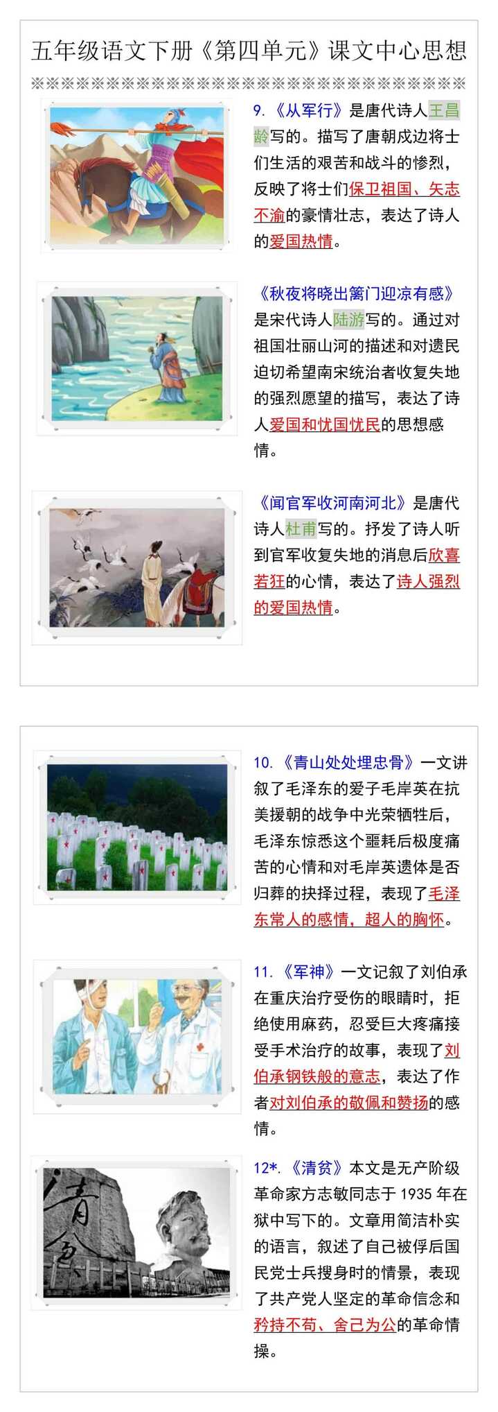 五年级语文下册《第四单元》课文中心思想