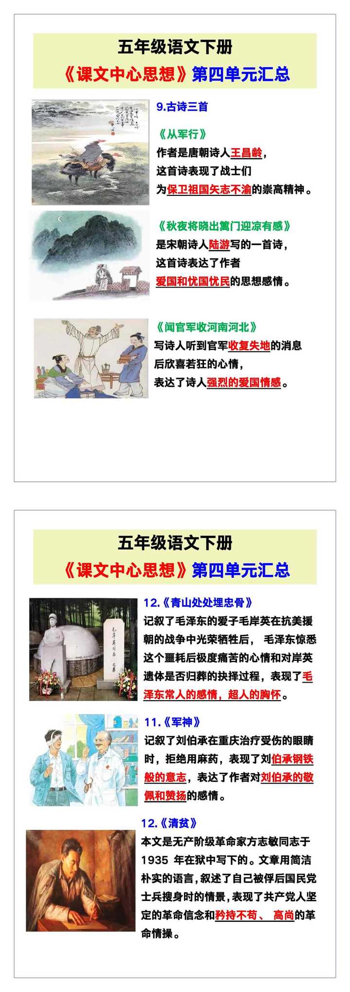 五年级语文下册《第四单元课文中心思想汇总》！