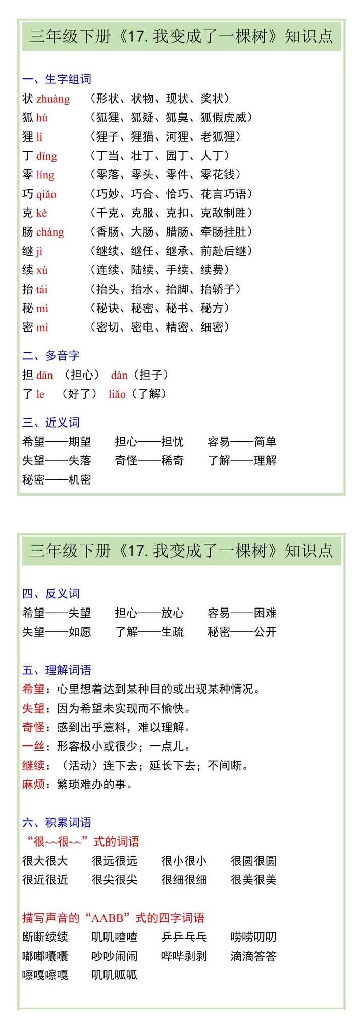 三年级下册《17.我变成了一棵树》知识点