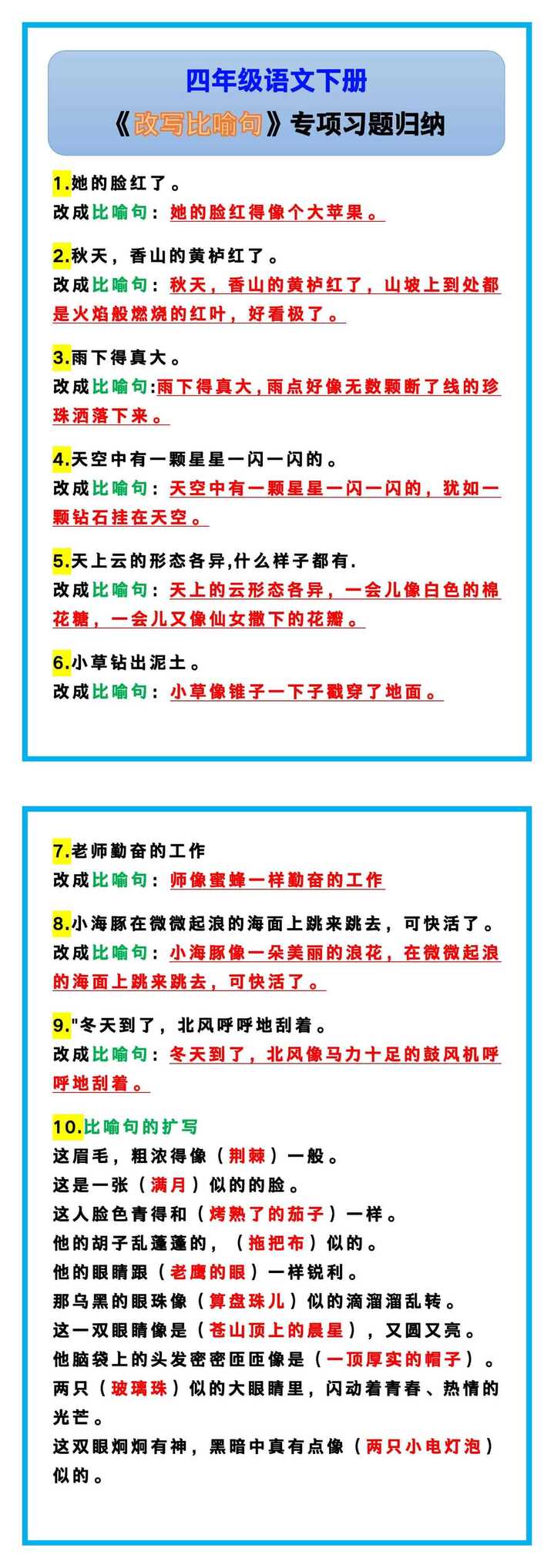 四年级语文下册《改写比喻句》专项习题归纳！