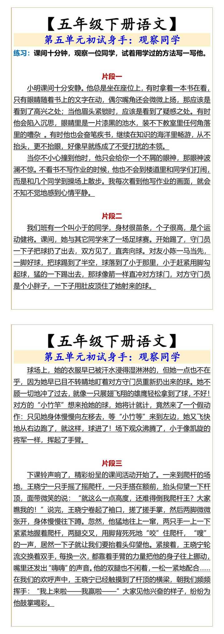 【五年级下册语文】 第五单元初试身手：观察同学