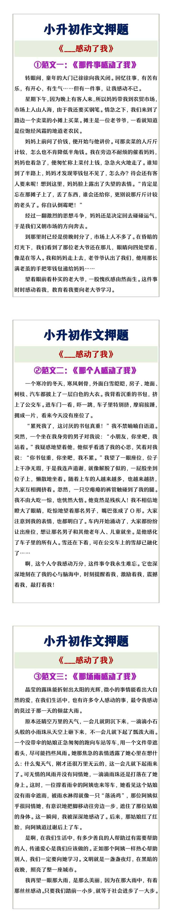小升初作文押题《___感动了我》