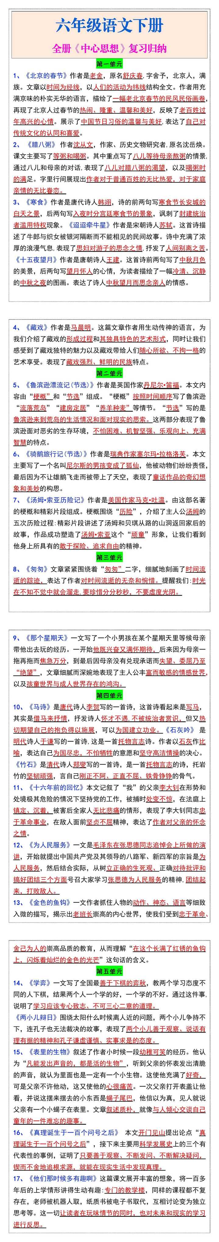 六年级语文下册全册《中心思想》复习归纳