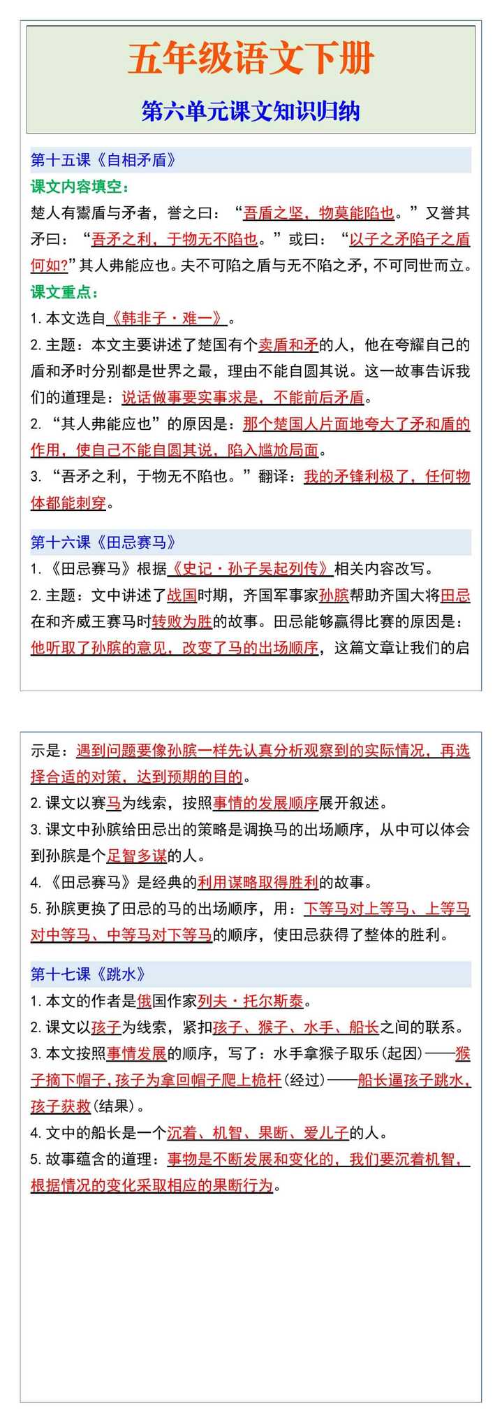五年级下册语文第六单元课文知识归纳