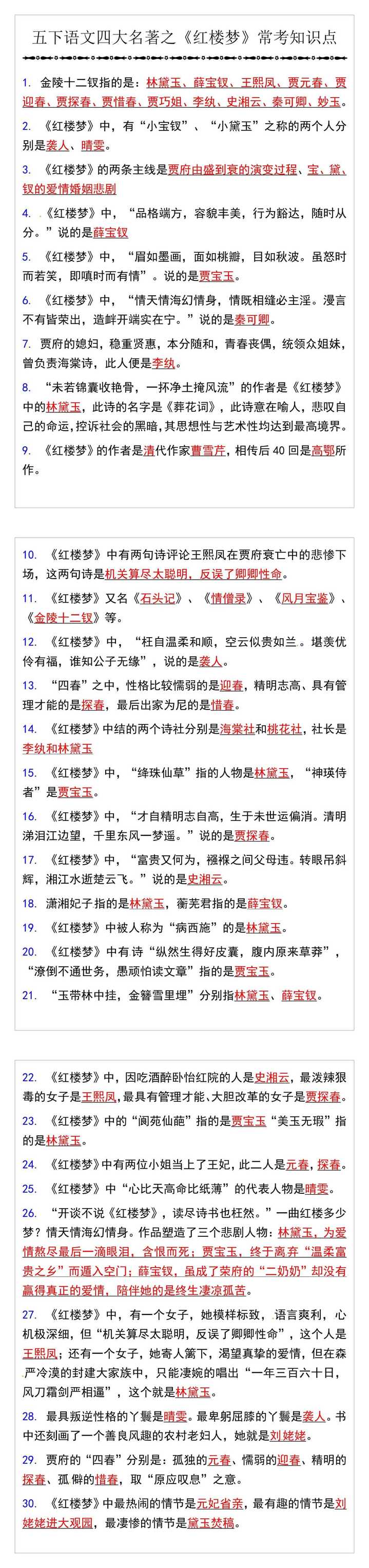 五下语文四大名著之《红楼梦》常考知识点