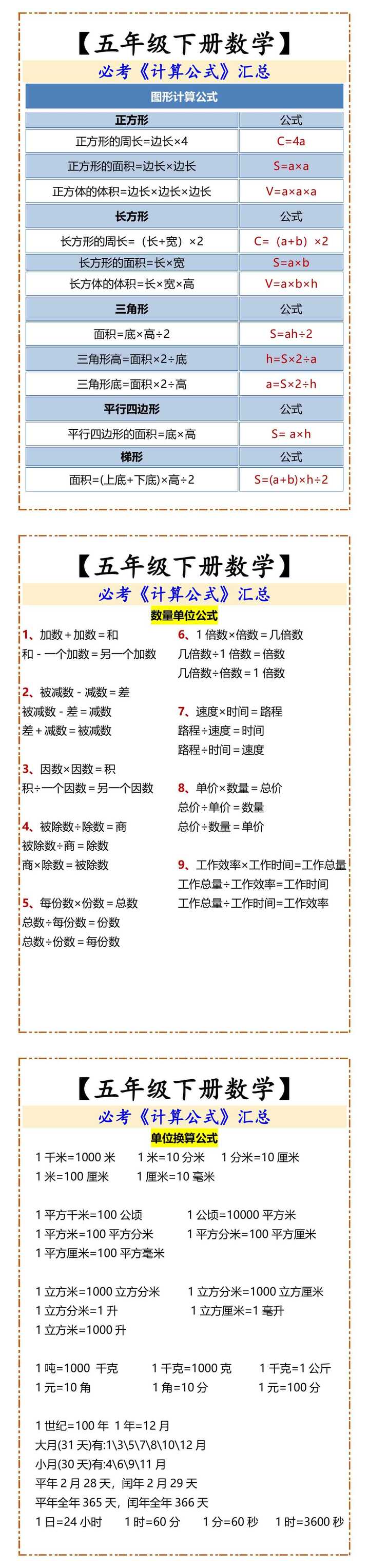 【五年级下册数学】 必考《计算公式》汇总