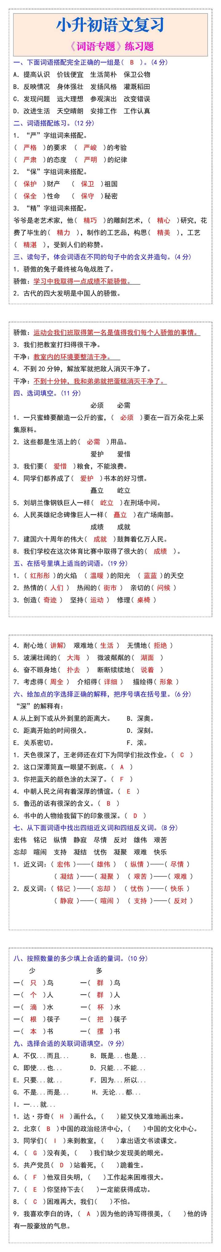 小升初语文复习《词语专题》练习题