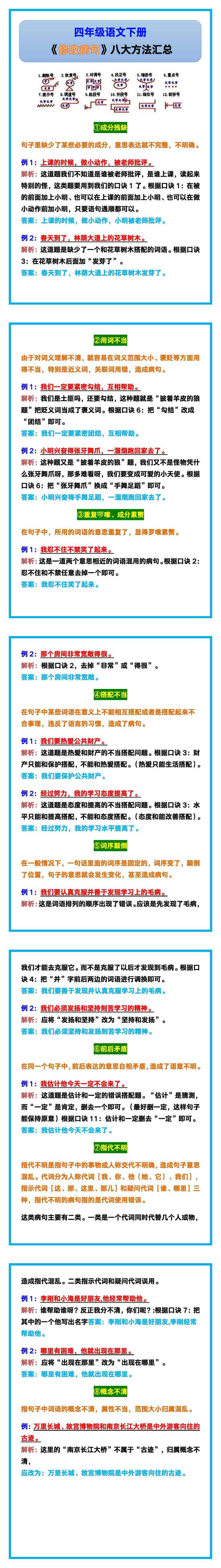 四年级语文下册《修改病句》八大方法汇总！