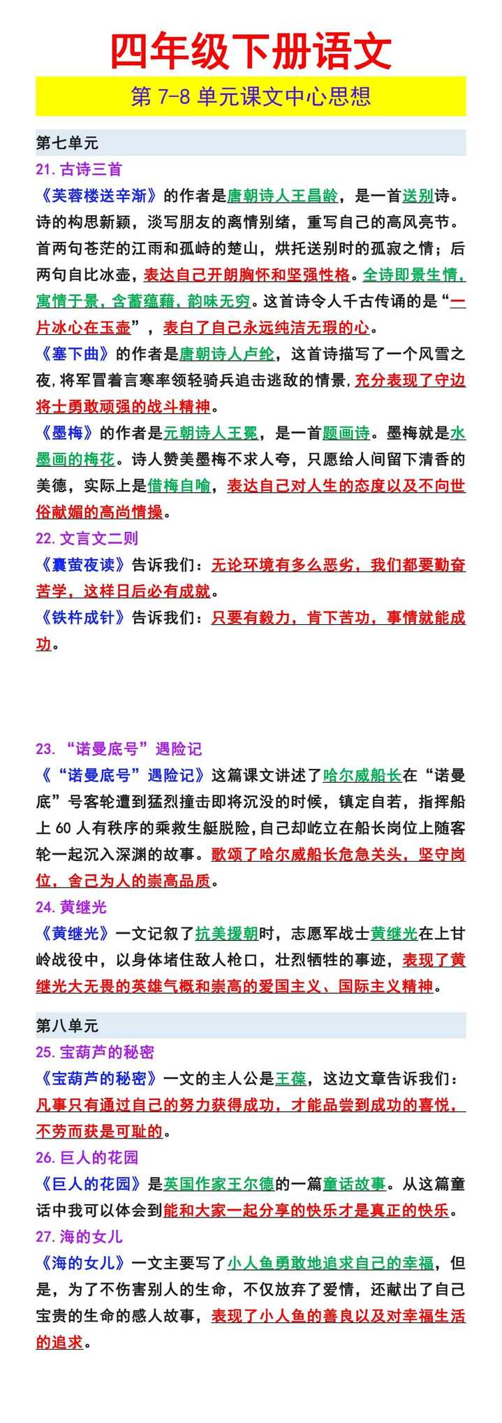 四年级下册语文 第7-8单元课文中心思想