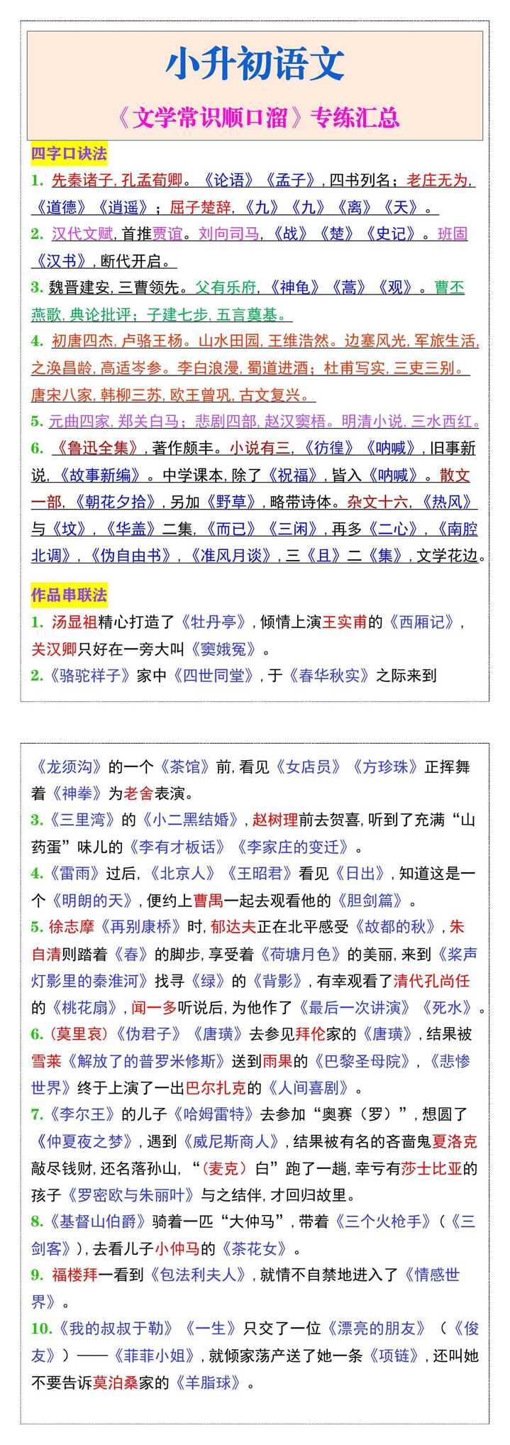 小升初语文复习《文学常识顺口溜》专练汇总
