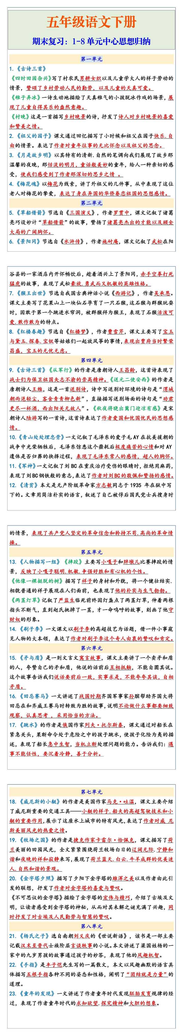 五年级语文下册期末复习1-8单元中心思想归纳