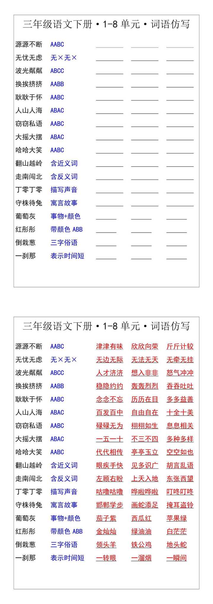 三年级语文下册1-8单元词语仿写