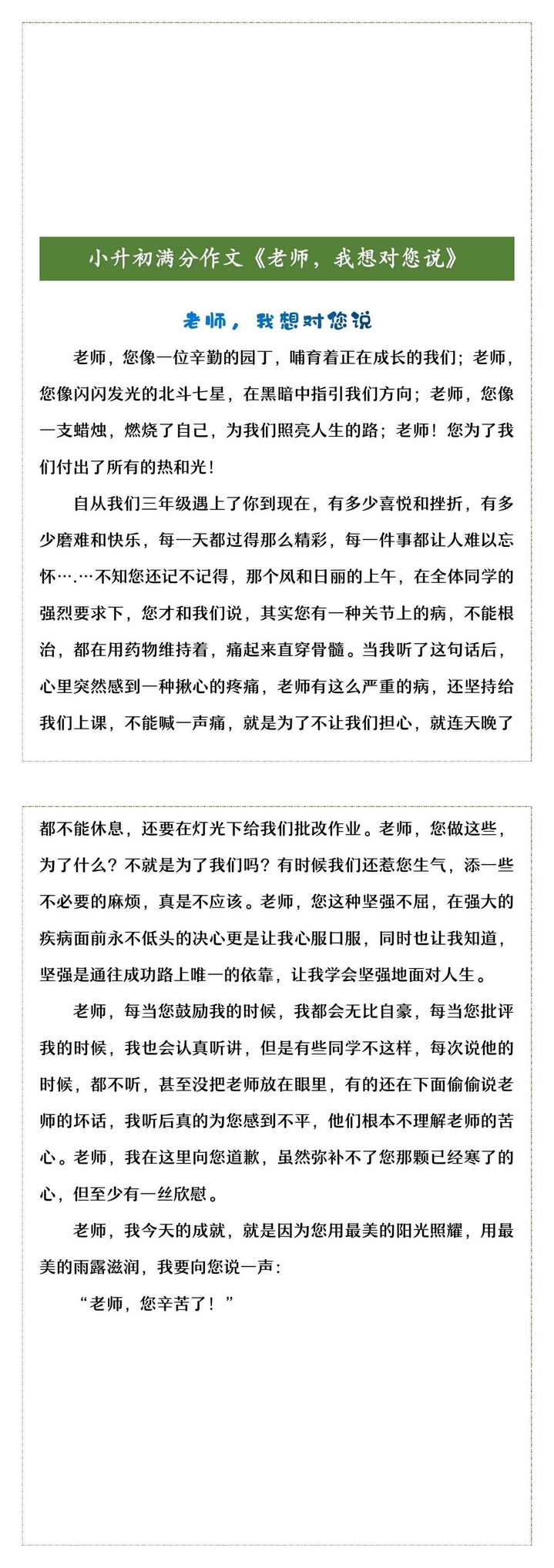 小升初满分作文《老师，我想对您说》