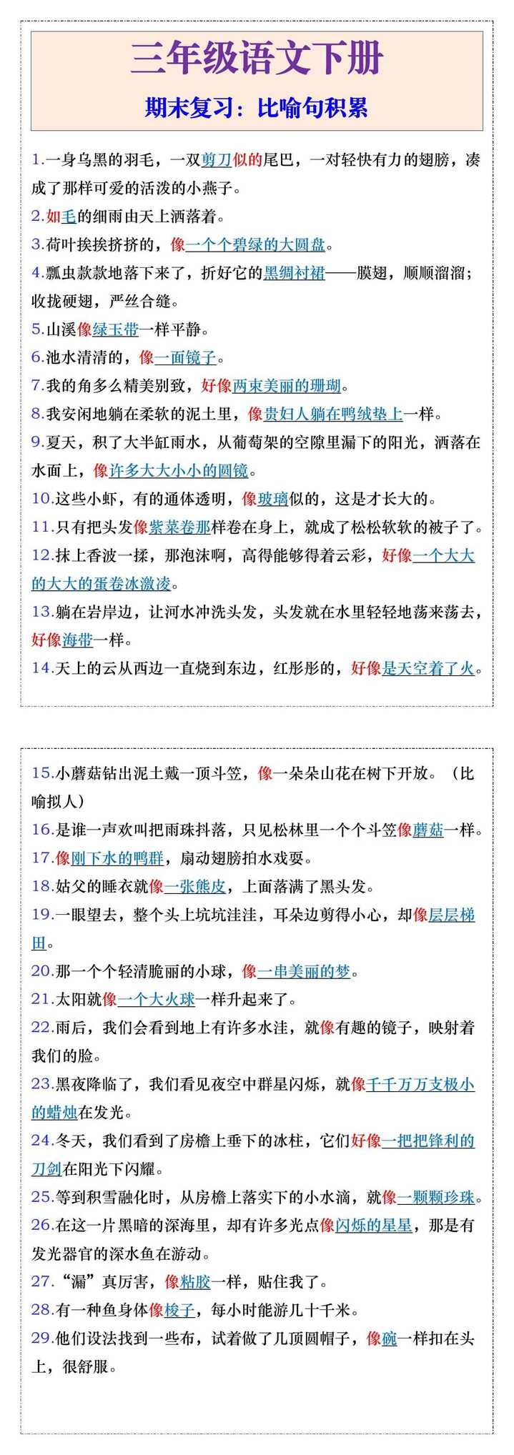 三年级语文下册比喻句期末复习资料
