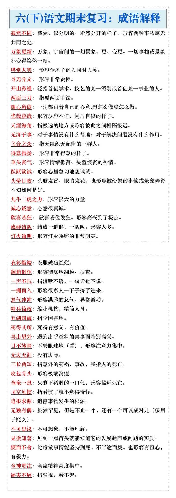 六年级语文下册期末复习：成语解释汇总