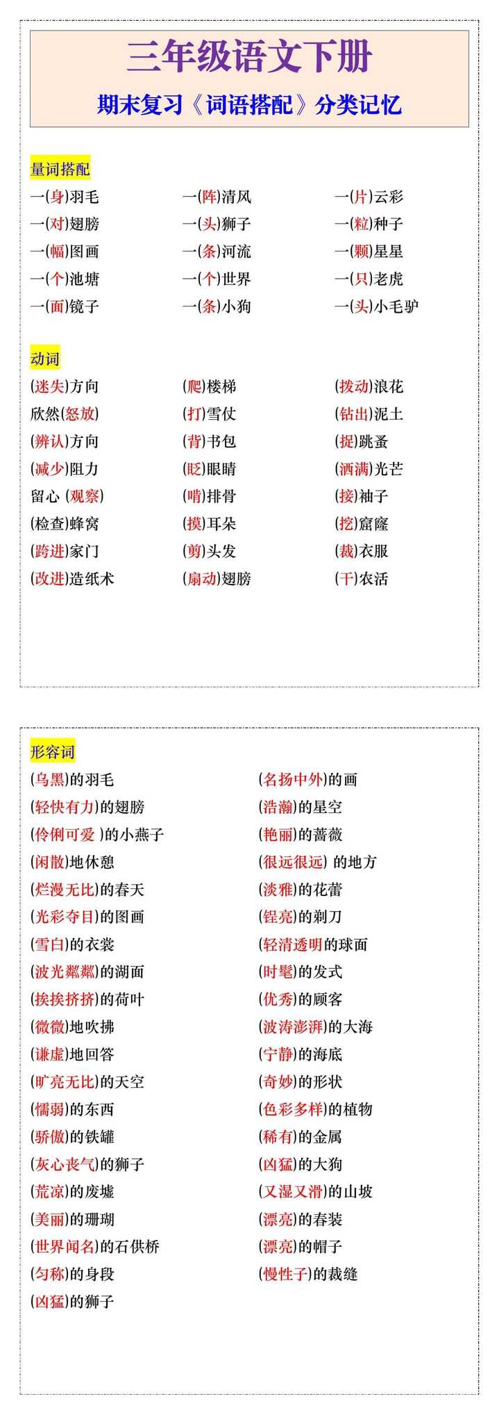 三年级语文下册期末复习《词语搭配》分类记忆