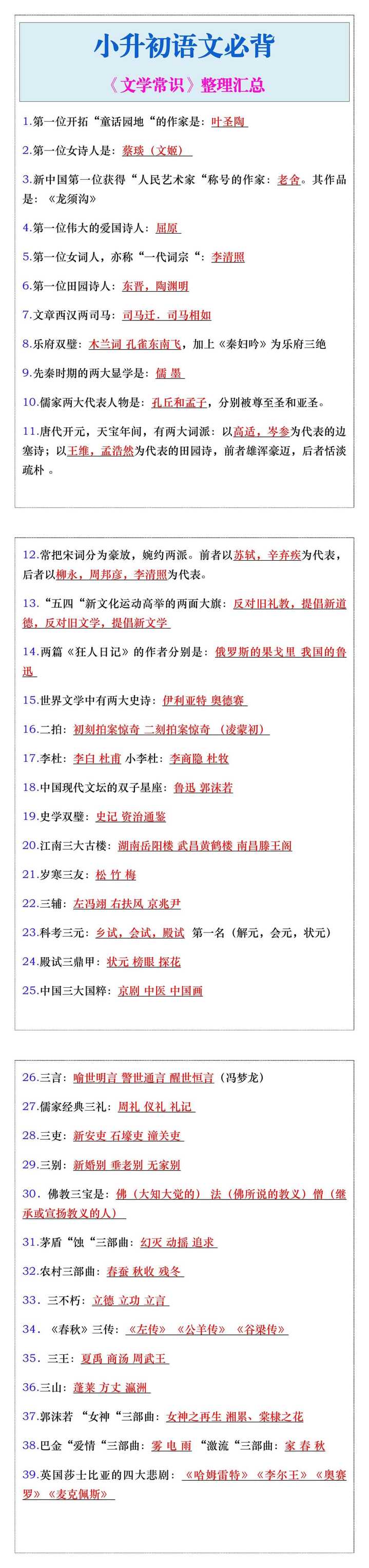 小升初语文必背《文学常识》整理汇总