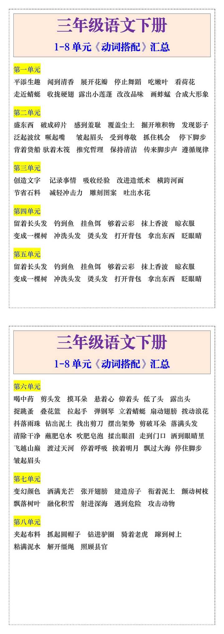 三年级语文下册1-8单元《动词搭配》汇总