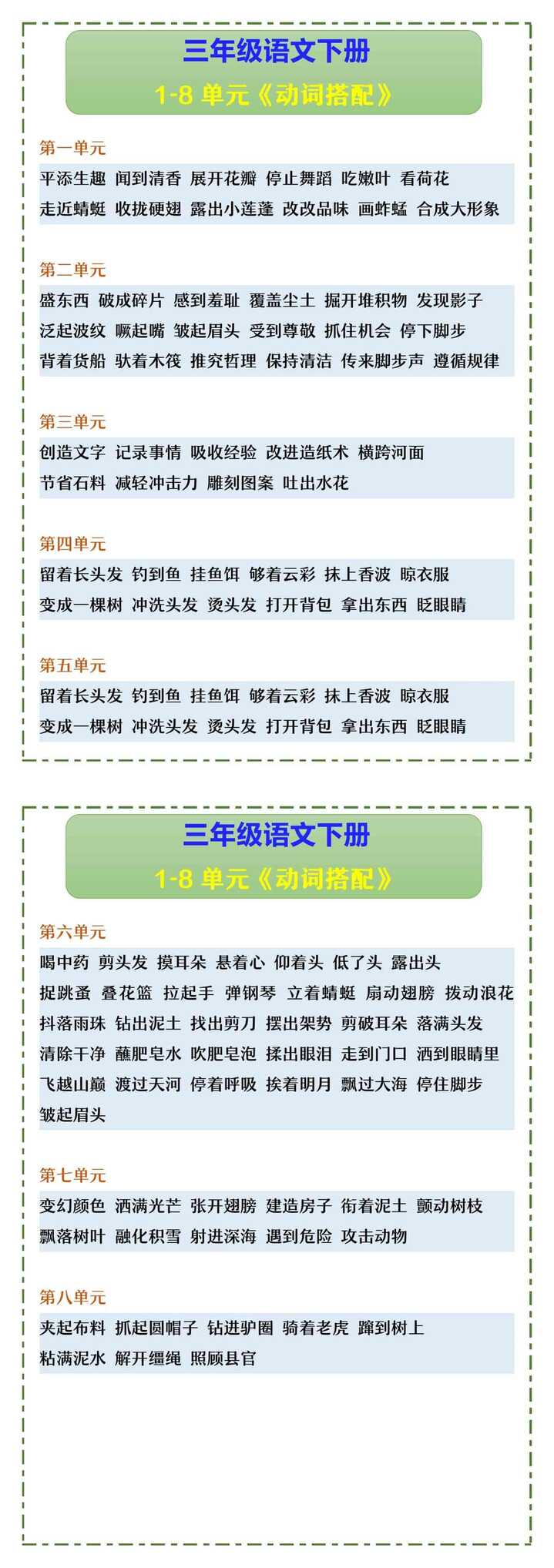 三年级语文下册 1-8单元《动词搭配》