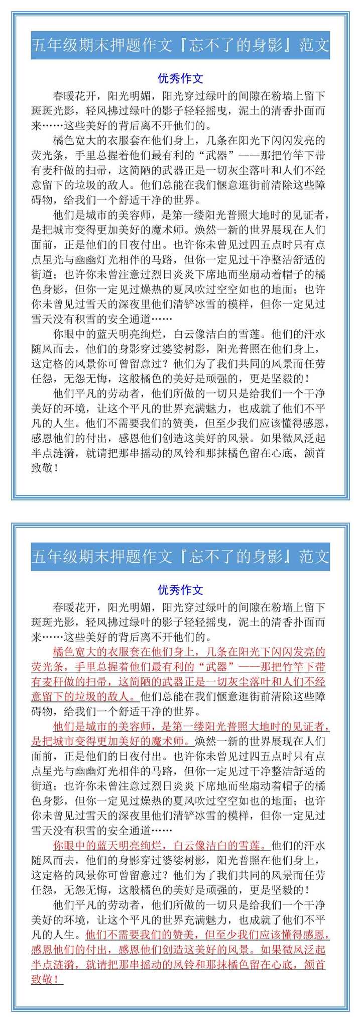五年级期末押题作文『忘不了的身影』范文