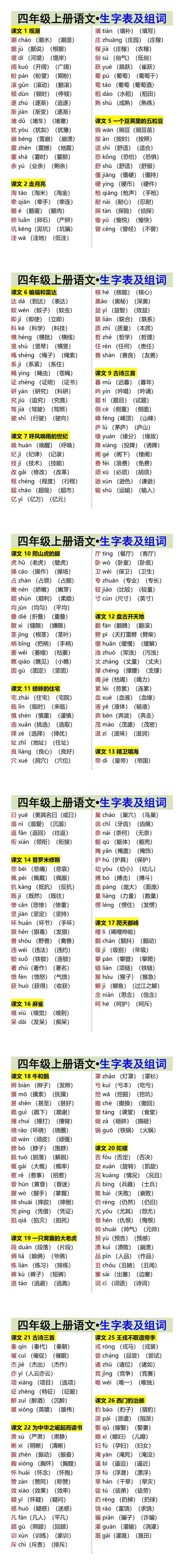 四年级上册语文•生字表及组词