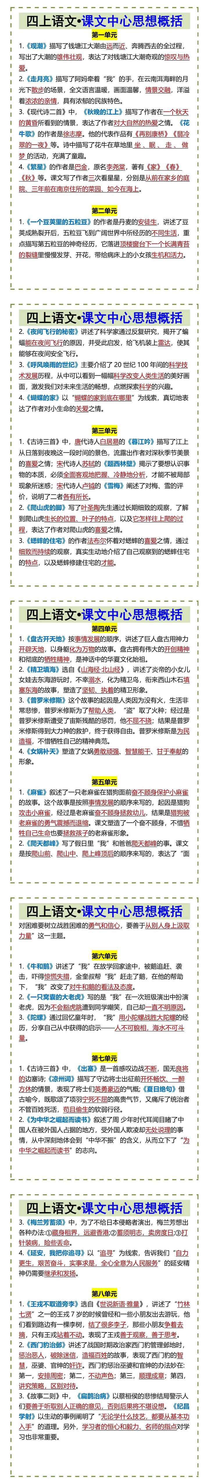 四上语文•课文中心思想概括