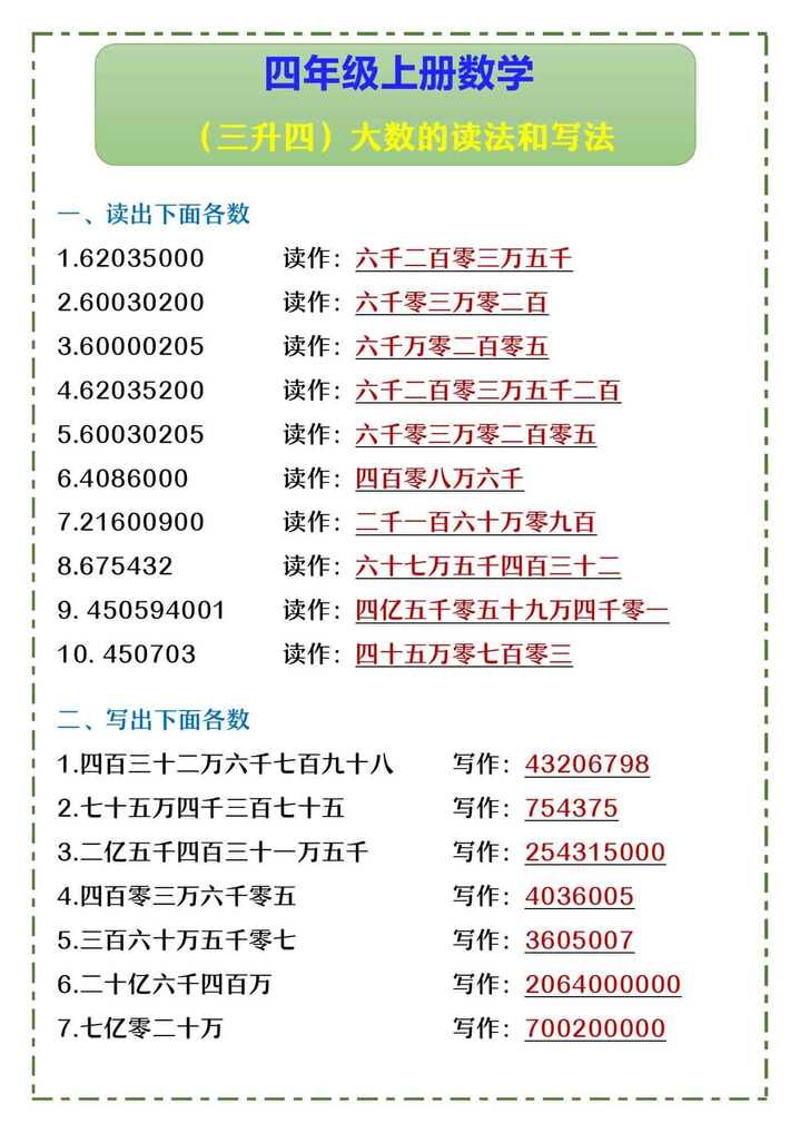 四年级上册数学 （三升四）大数的读法和写法