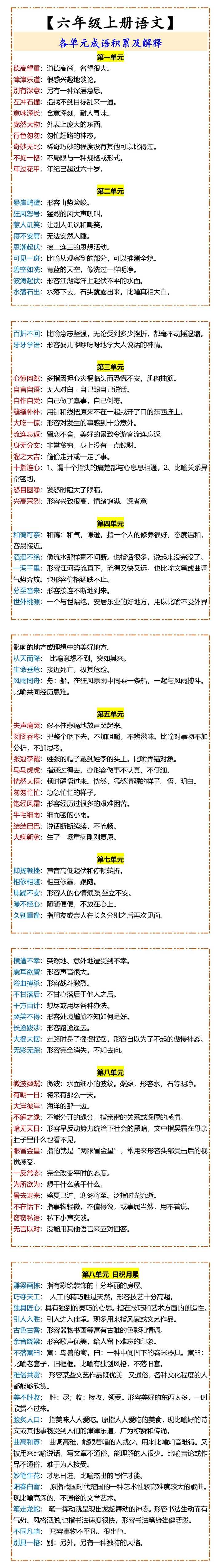 【六年级上册语文】 各单元成语积累及解释