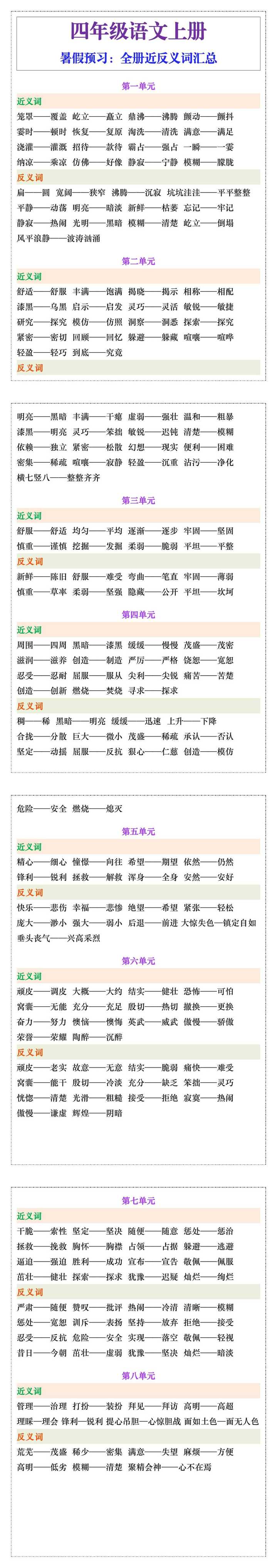 四年级上册语文全册近反义词汇总