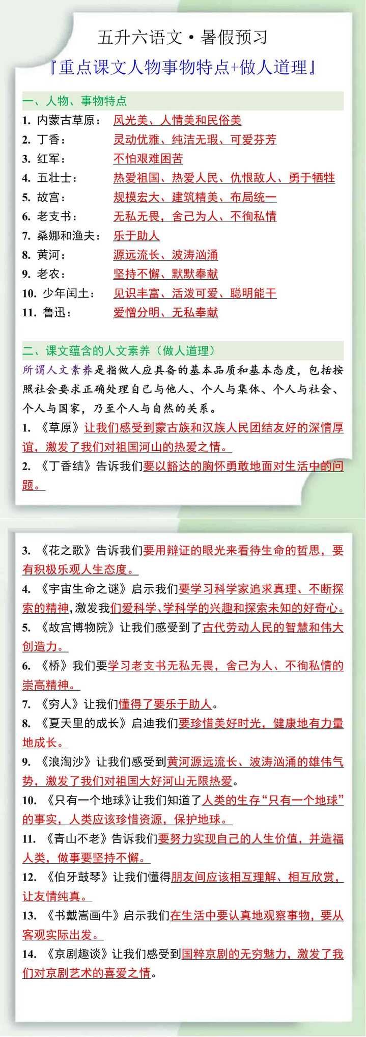 五升六重点课文人物事物特点+做人道理