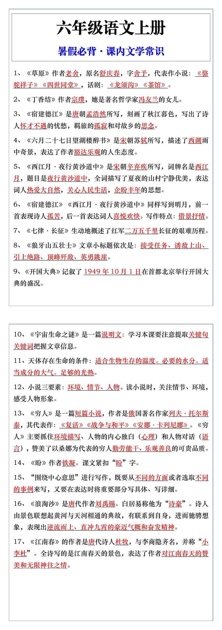 六年级语文上册暑假必背·课内文学常识