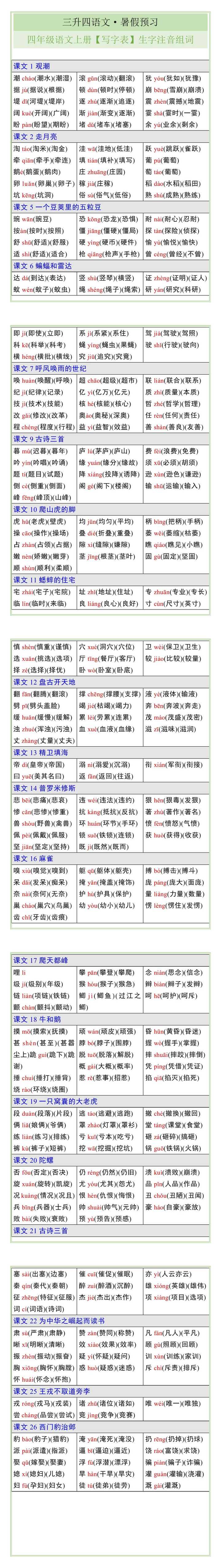 四年级语文上册【写字表】生字注音组词