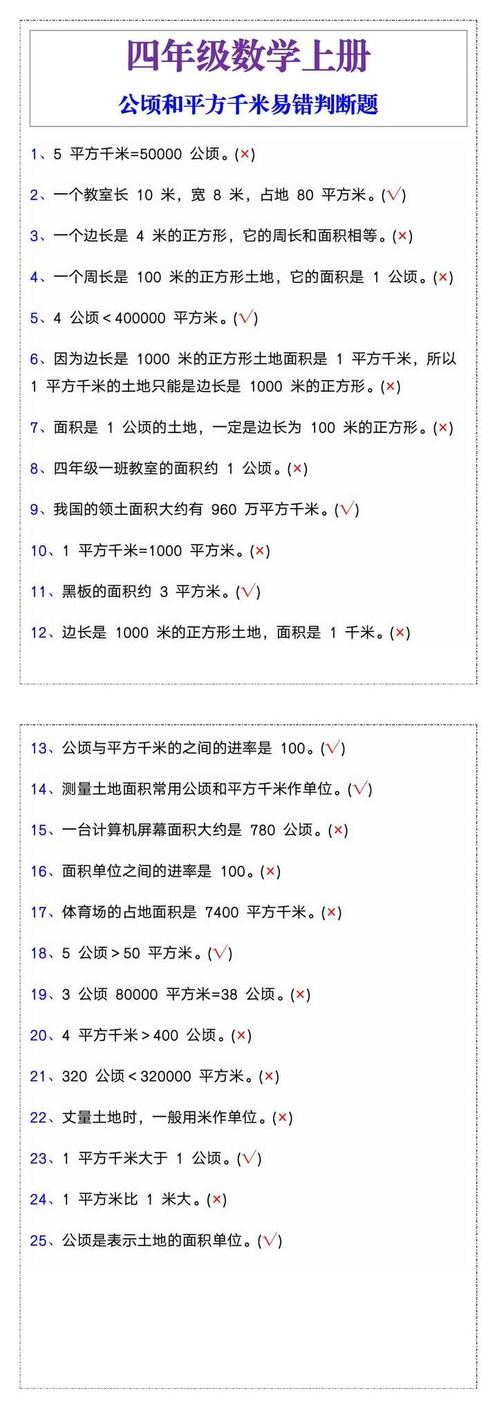 四年级数学上册公顷和平方千米易错判断题