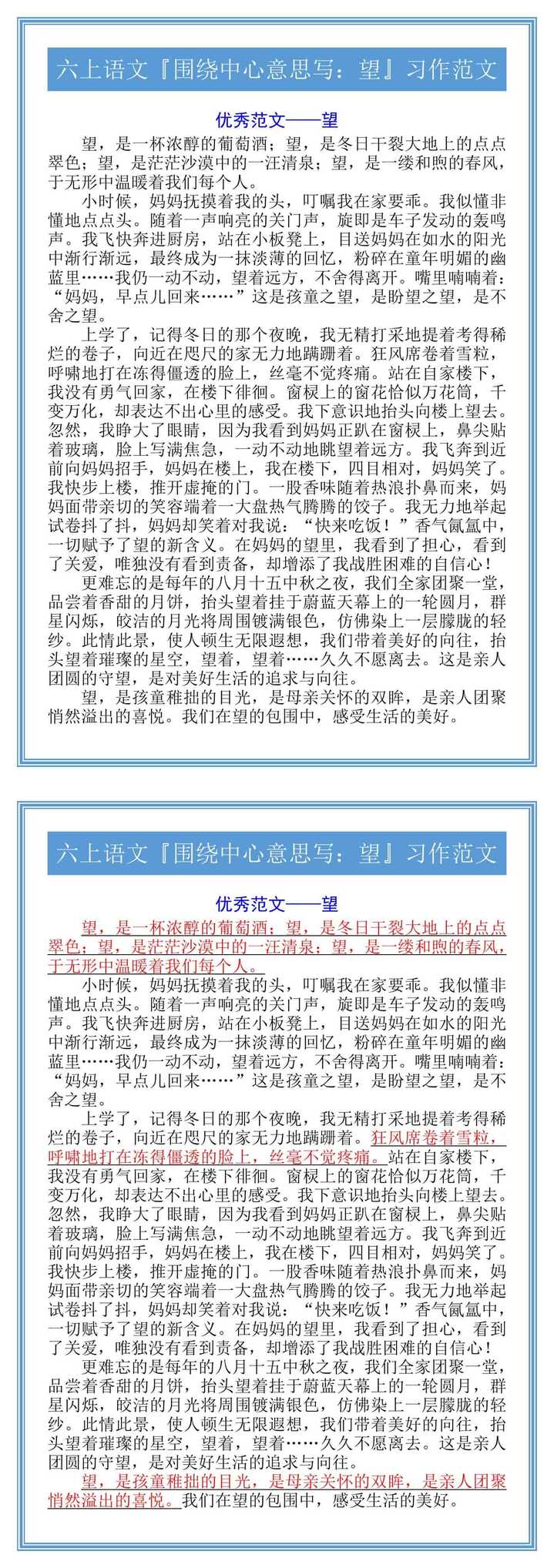 六上语文『围绕中心意思写：望』习作范文