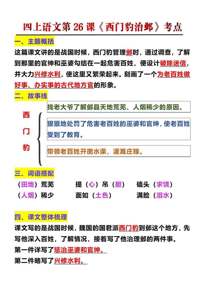 四年级上册语文第26课《西门豹治邺》考点