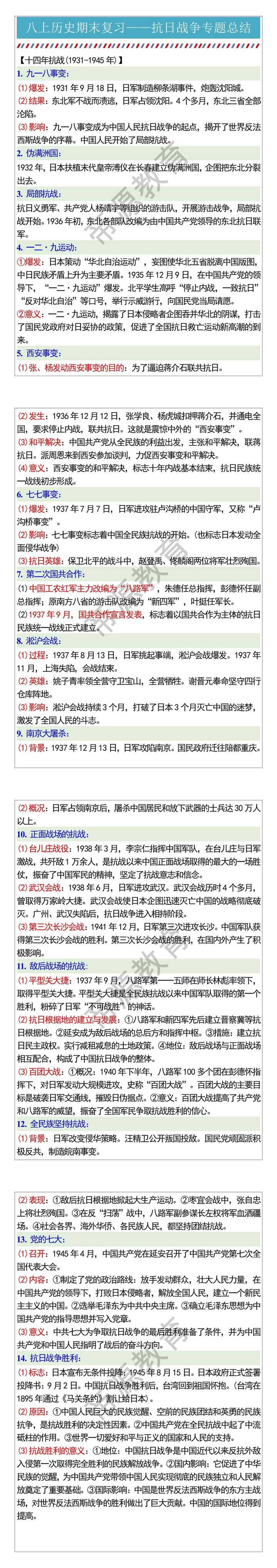 八上历史期末复习——抗日战争专题总结