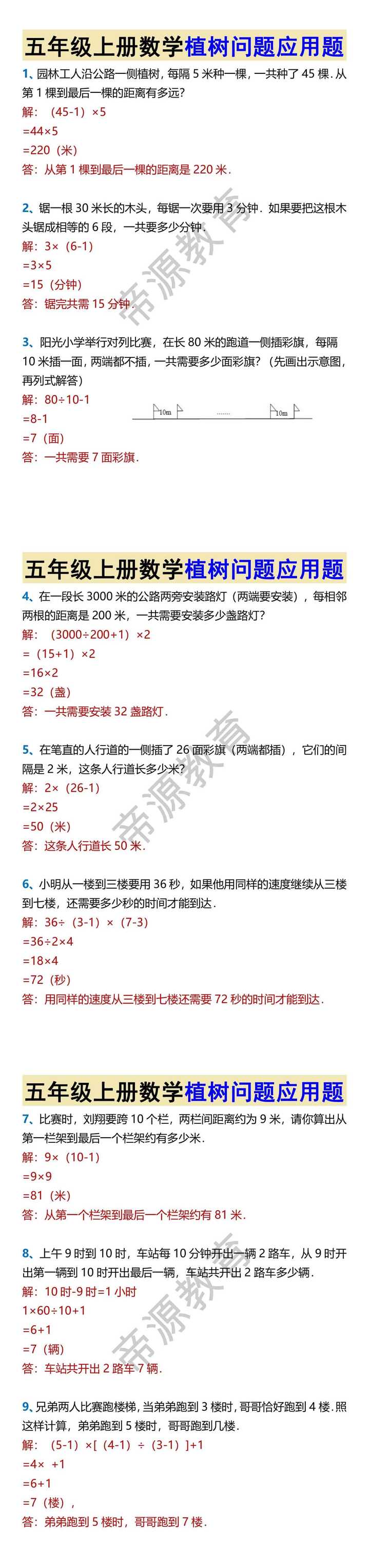 五年级上册数学植树问题应用题