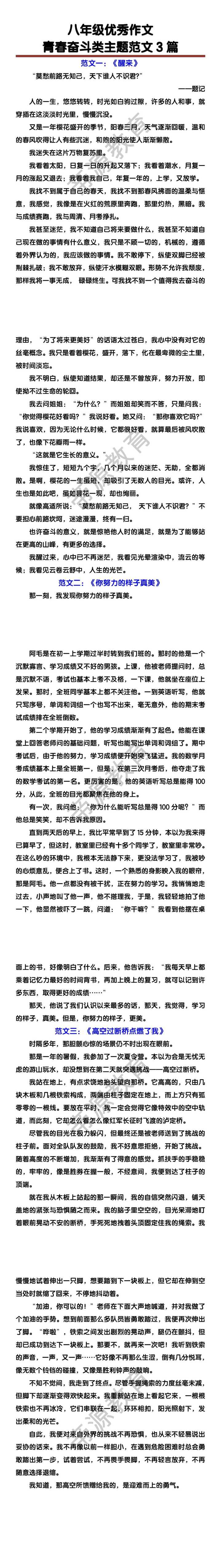 初中优秀作文：青春奋斗类主题范文3篇