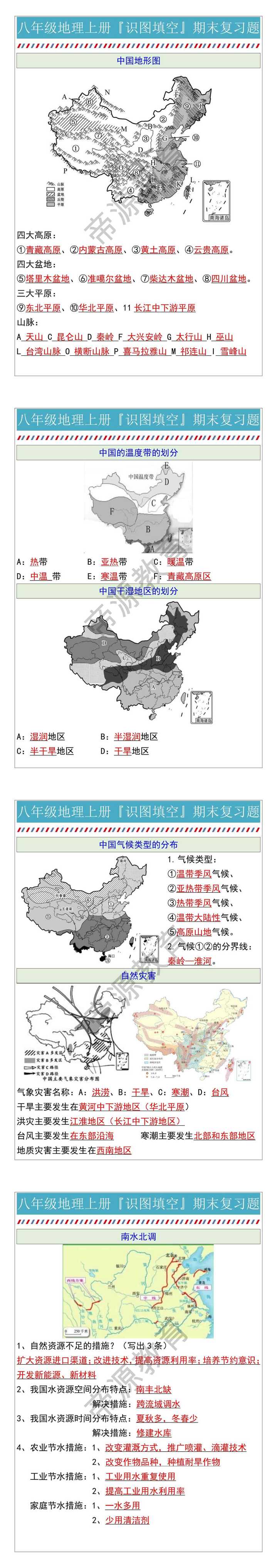 八年级地理上册『识图填空』期末复习题