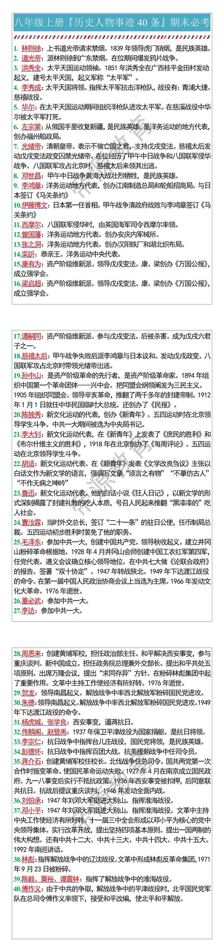八年级上册『历史人物事迹40条』期末必考