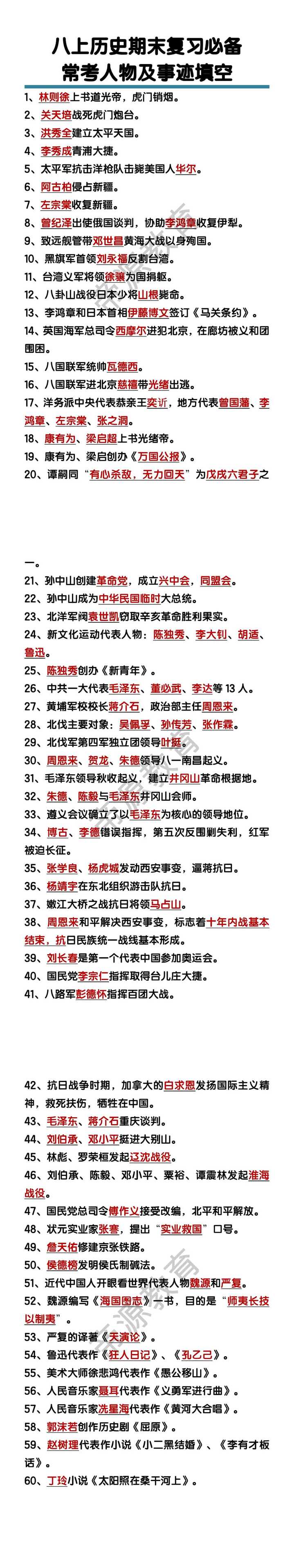 八上历史常考人物及事迹填空