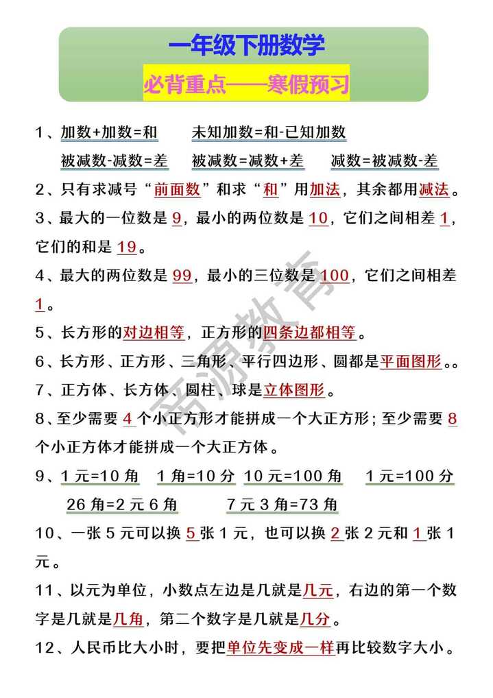 一年级下册数学 必背重点——寒假预习