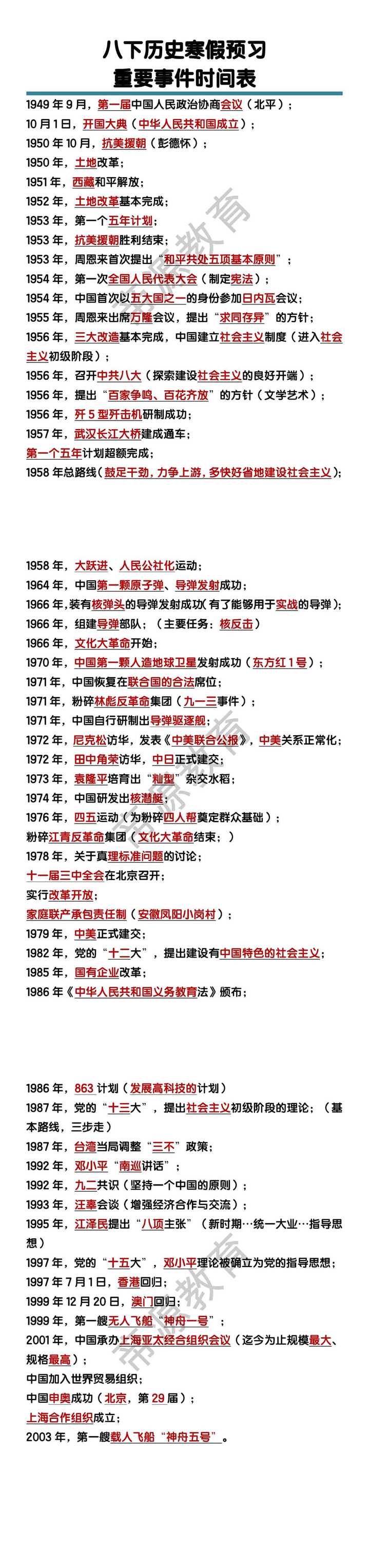 八年级下册历史重要事件时间表