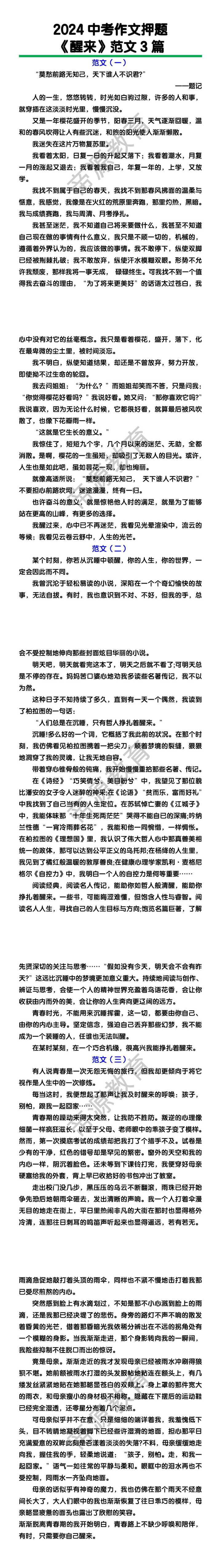 中考作文押题《醒来》范文3篇