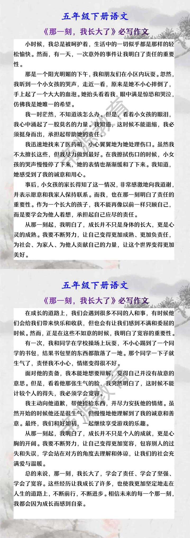 五年级下册语文 《那一刻，我长大了》必写作文