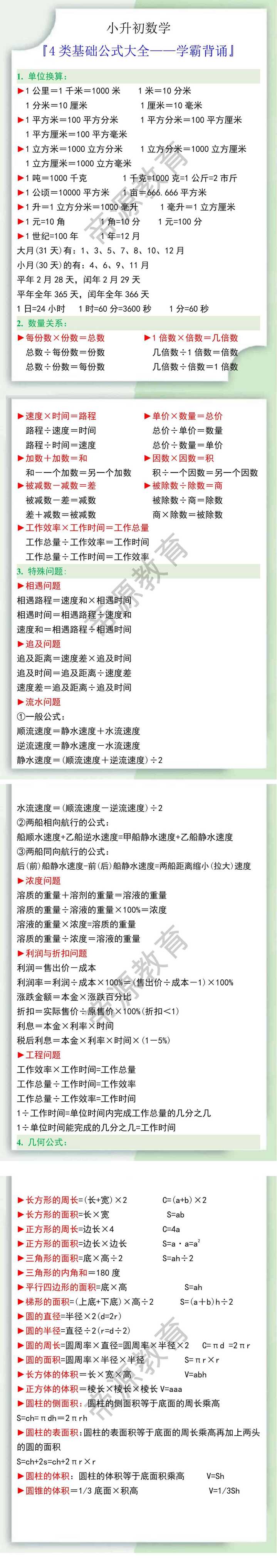 小升初数学4类基础公式大全