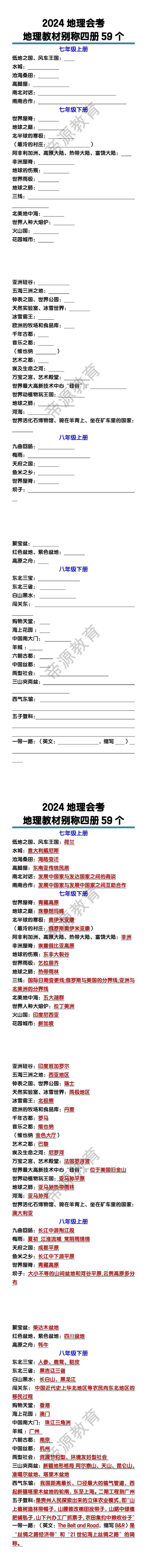地理会考地理教材别称四册59个
