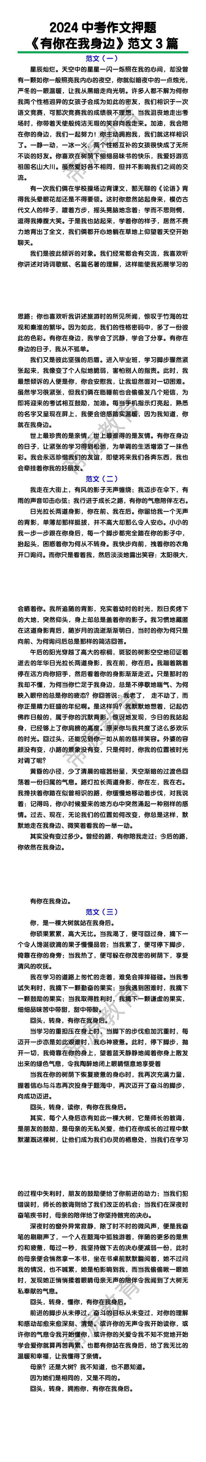 中考作文押题《有你在我身边》范文3篇